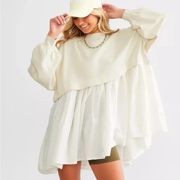 Free People Eleanor Sweatshirt Cream and White Layered Tunic Top Dress - Picture 1 of 6